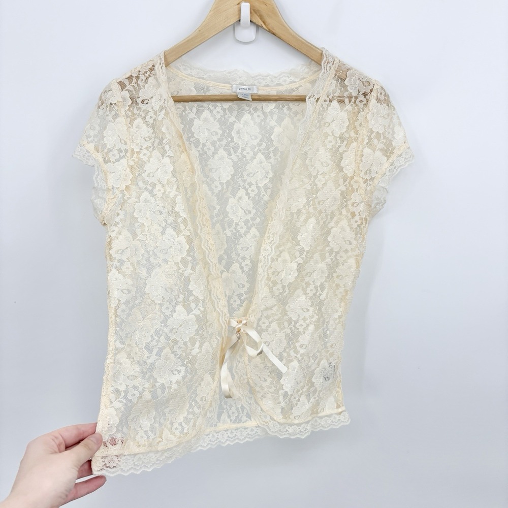 Vintage Y2K Lace Tie Front Top Medium Fairy Coquette Festival Ren Fair Boho Crop